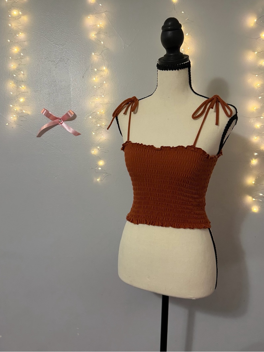 Smocked Tie-Shoulder Crop Top - Rust